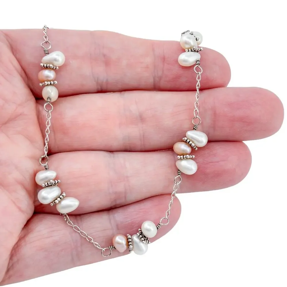 Vintage Sterling Silver 925 Freshwater Pearl Station Necklace 20